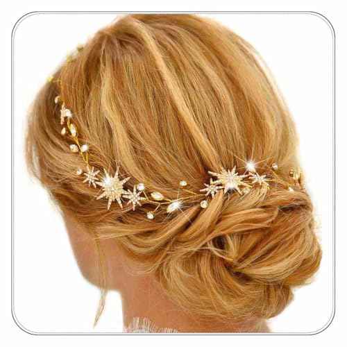 Unicra Star Rhinestone Bride Wedding Vine Gold Bridal Hair Piece Crystal Hair Accessory for Women and Girls (21 Inches) (Gold)