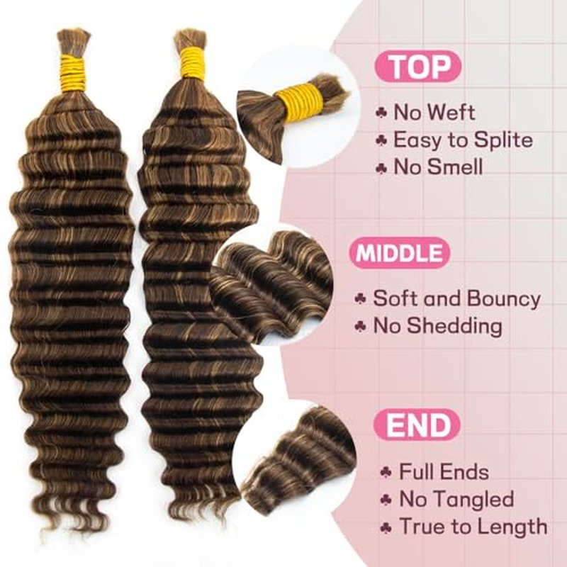 KRN 4/27 Braiding Hair Deep Wave Bulk Human Braiding Hair 2 Bundles/Pack 100g Curly Hair for Boho Braids 12A Salt And Pepper Braiding Human Hair No Weft Wet and Wavy Braiding Hair Extensions 24 Inch