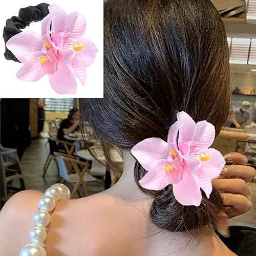 5pcs Pretty Colored Elastic Flower Hair Scrunchies Hair Ties with Bauhinia Flowers Deco Ponytail Hairball Hair Scrunchies for Girls Women