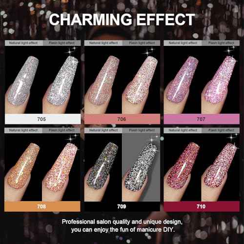 RARJSM Reflective Glitter Gel Nail Polish Set 6 Colors Sparkle Sliver Champagne Gold Pink Orange Black Red Rainbow Sequins Gel Nail Polish Soak Off U V Diamond Gelpolish DIY Salon Manicure at Home