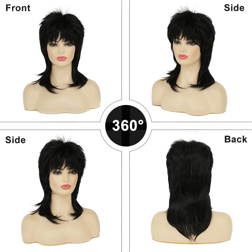 Amnenl Mullet Wig for Women Black Shoulder Length Shaggy Layered Wig Curly 80s Wigs Heat Resistant Cosplay Daily Hair Wigs (Black)