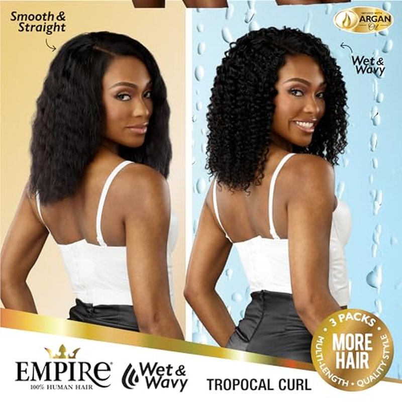 Sensationnel Empire multi weave hair - wet and wavy tropical curl human hair 3 bundle layered lengths (14 16 18 inch, 1B OFFBLACK)