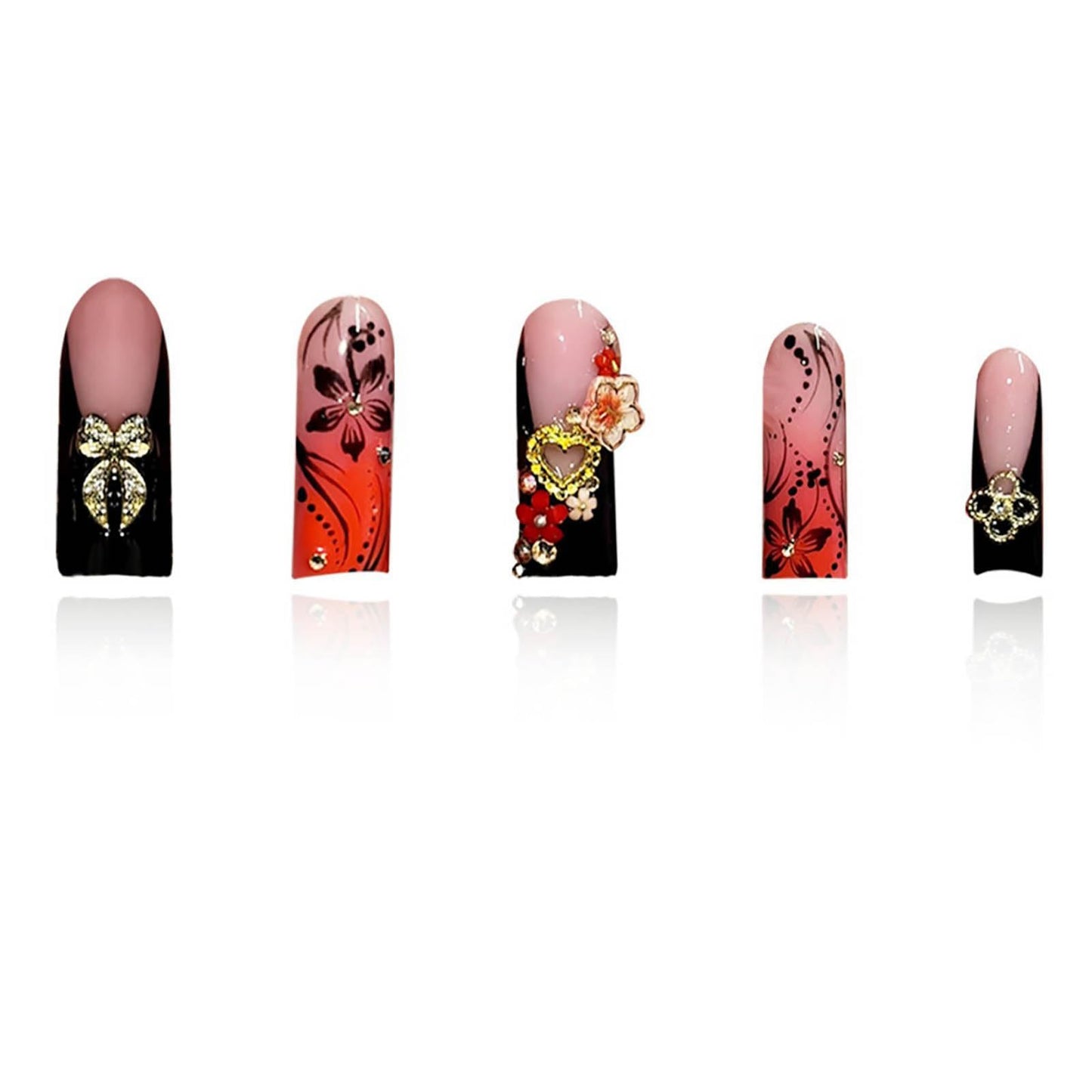 24Pcs Red French Tip Fake Nails Long Square Press on Nails pink Full Cover Glue on Nails with 3D Flower and Rhinestones Designs False Nails Gold Metallic Heart Acrylic Nails for Women