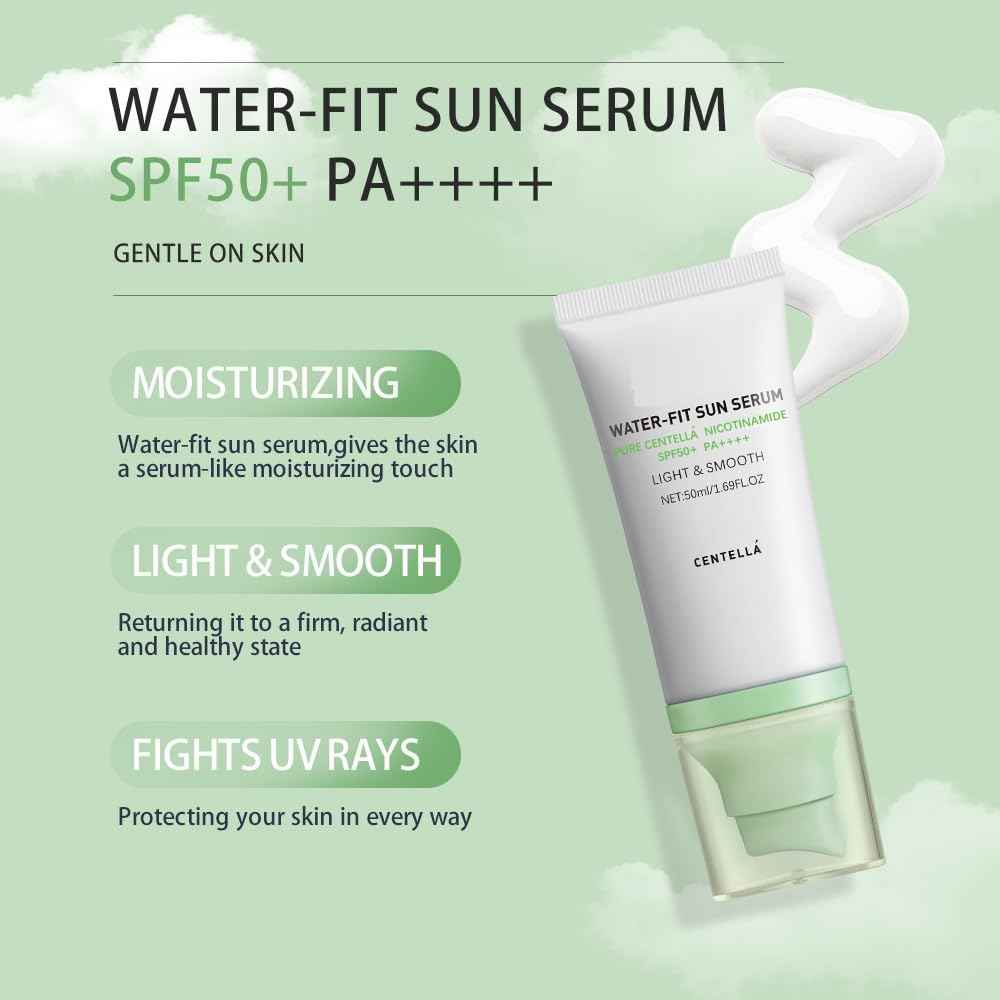 2 Pcs Centella Sunscreen SPF50, Moisturizing Non-Sticky Centella Water-Fit Sun Serum for Face and Body.