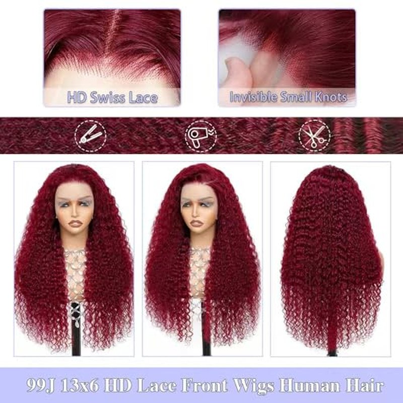 Burgundy Wig Human Hair 13x6 Deep Wave Lace Front Wigs Human Hair 200 Density 99j Burgundy HD Lace Front Wigs Pre Plucked 200 Density Red Colored Wig with Baby Hair for Women 20 Inch