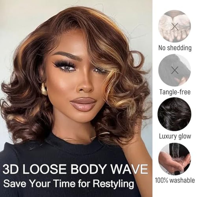 RECOOL Highlight Wig Human Hair Loose Body Short Bob Wig Human Hair Ombre Short Bob Wigs For Black Women 5x6 HD Glueless Wigs Human Hair Pre Plucked Pre Cut Bleached Knots 1B/2/30 Mixed Color Wig