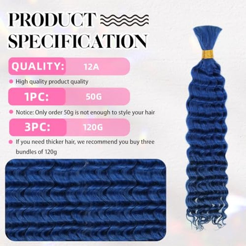 18 Inch Deep Wave Human Braiding Hair for Boho Braids ? 120g 3 Bundles/Pack Blue 100% Unprocessed 12A Brazilian Virgin Human Hair Bulk, No Weft, Wet & Wavy Curly Extensions