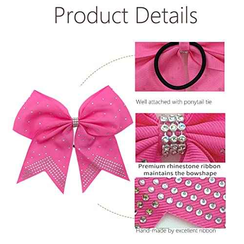 Hipcheer 12PCS 8" Rhinestones Large Cheer Hair Bows for Girls, Hand-made Grosgrain Ribbon Hair Accessories for Teen Girls Softball Cheerleader Sport (Hot Pink)