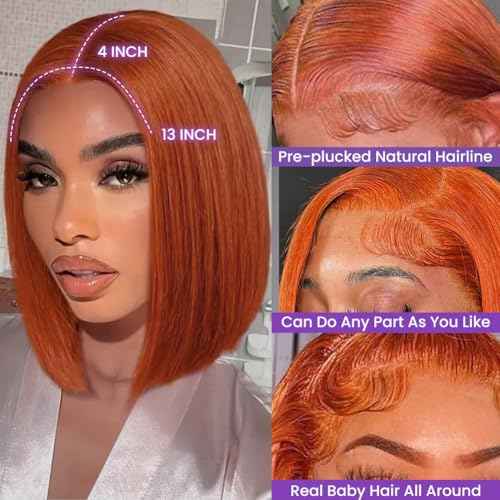 Ginger Orange Bob Lace Front Wigs Human Hair 13x4 HD Transparent Lace Frontal Wigs Pre Plucked Short Bob Wig Straight Wig with Baby Hair #350 Natural Hairline for Black Women 180% Density 10 Inch
