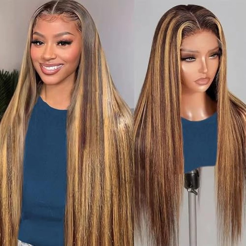 SIFULAN 13x4 Honey Blonde Lace Front Wig Human Hair 180 Density 24 Inch Highlight Ombre Straight HD Transparent Lace Pre Plucked Human Hair Wigs for Women P4/27 Color