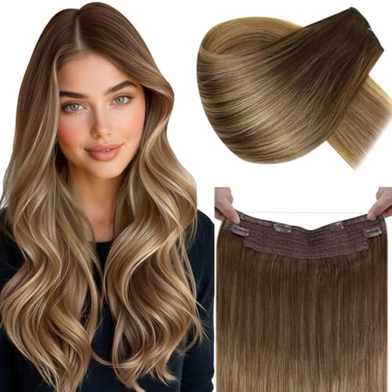 LaaVoo Wire Hair Extensions Human Hair Wire Human Hair Extensions Brown Balayage Light Brown with Blonde Human Hair Wire Extensions Long Hair 20 Inch 100g
