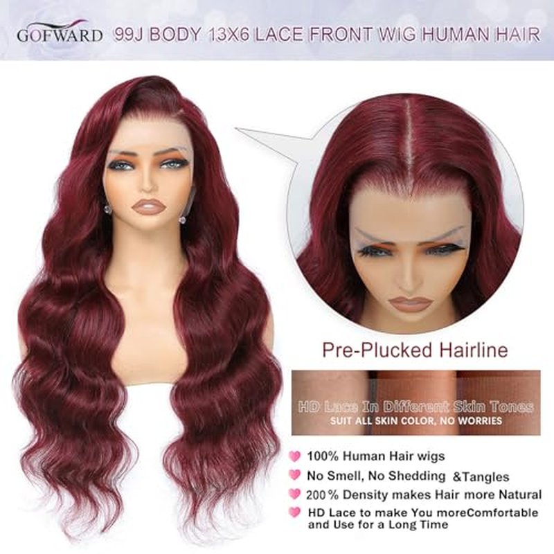 24 Inch 99j Burgundy 13x6 Body Wave Lace Front Wigs Human Hair 200% Density Glueless HD Transparent Lace Frontal Wigs Human Hair Pre Plucked With Baby Hair Burgundy Wine Red Wigs For Women