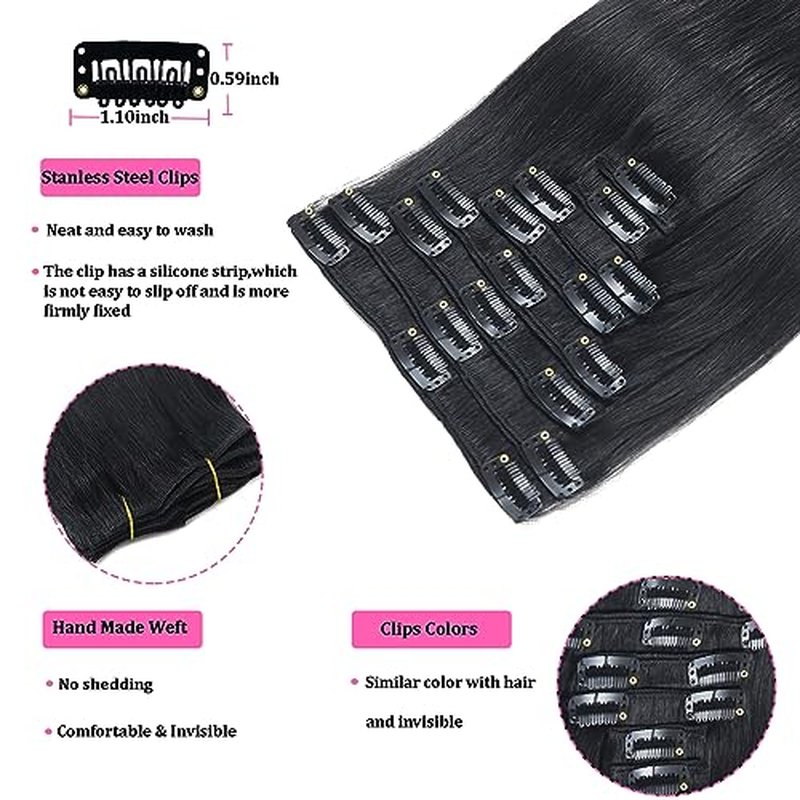 Jet Black Clip in Hair Extensions Real Human Hair Clip in Extensions Remy Human Hair Invisible Natural Straight Seamless 8pcs Double Weft 24 Inch 90g