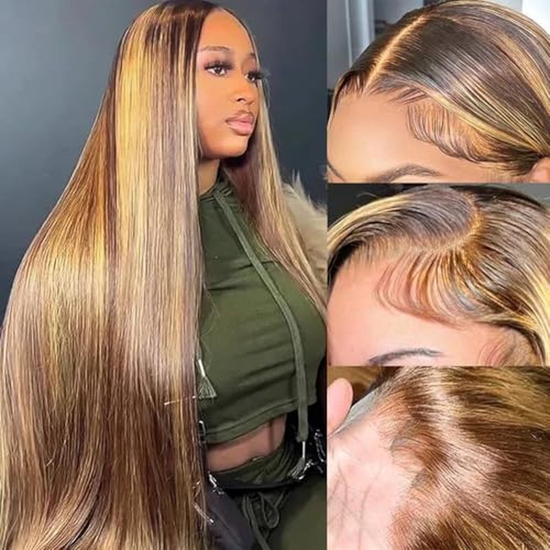 Highlight 13x6 Lace Front Wigs Human Hair Pre Plucked HD Transparent Lace Frontal Wig Bralizian Virgin Human Hair Tiny Knots Natural Hairline with Baby Hair (4/27 Highlight, 28 Inch)