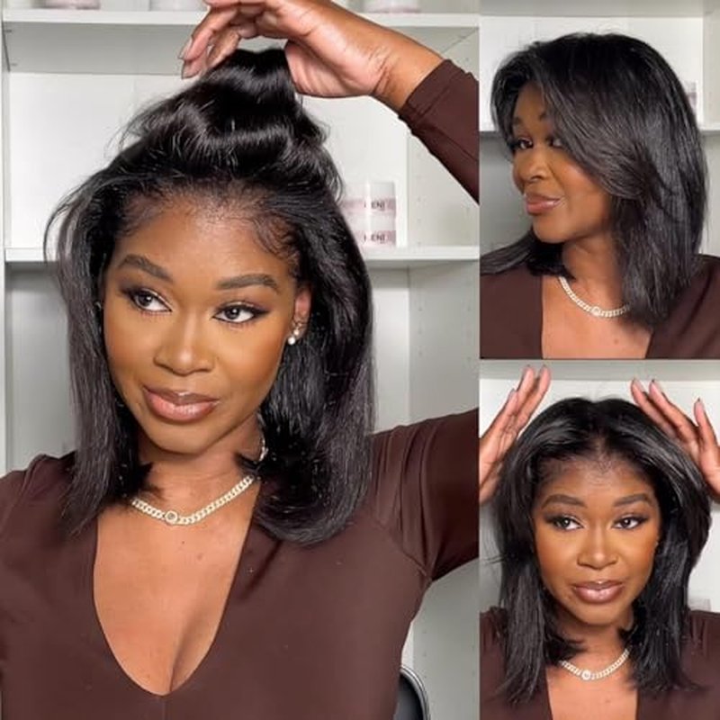 Julia Hair 10 Inch Light Yaki Straight Bob Wig 100% Human Hair Glueless Bye Bye Knots 7x5 Hd Lace Pre Cut Plucked Short Wig Natural Color Straight Bleached Knots Side Part Black Wigs