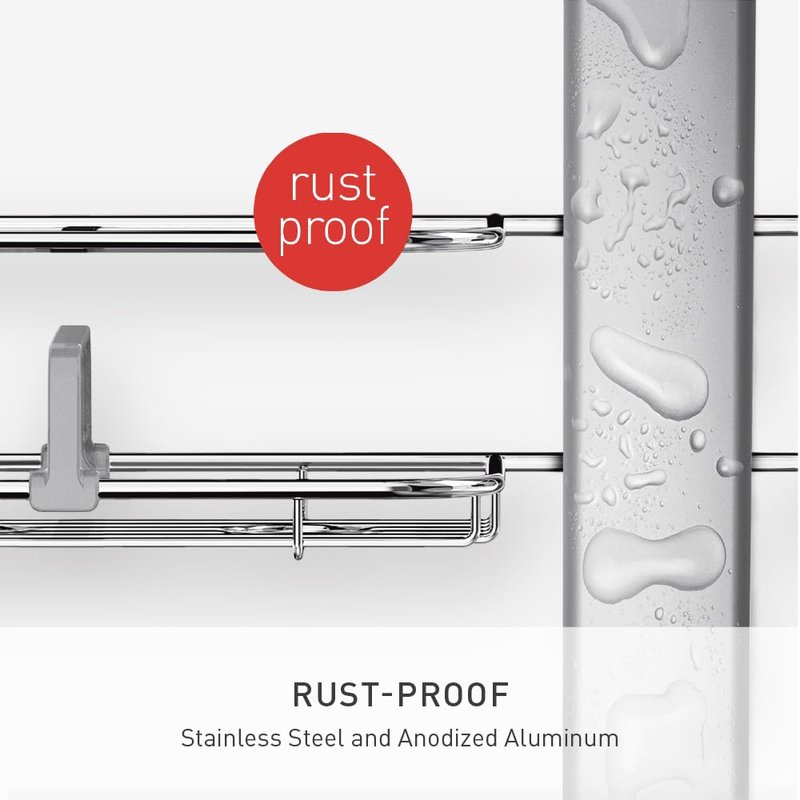 simplehuman X-Large Adjustable Hanging Shower Caddy, Handheld Showerhead Compatible, Family-Size Bathroom Organizer with 12-Inch Extended Neck, Adjustable Shelves, Rust-Proof Stainless Steel