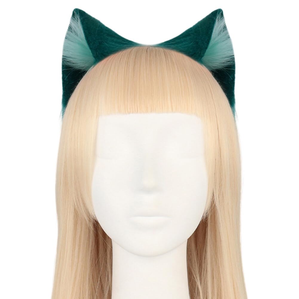 Surakey Long Fur Cat Ears Anime Cosplay Headband Plush Hairband Halloween Cosplay Party Costume for Men and Women Role-Playing (Green)