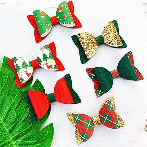 AOUXSEEM 24 Set Faux Leather Hair Bows Clips Making Kit for Beginner, Contains Pre Cut Printed Glitter Solid PU Synthetic Fabric, DIY Hair Clips for Women Girls Holiday decor (Christmas)