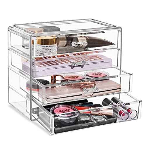 Sorbus Acrylic Makeup Organizer Set, 4-Drawer Vanity & Countertop Cosmetic Storage with Wide Drawers, Clear Makeup Storage for Brushes, Lipsticks, Jewelry ? Holiday Gift for Women & Teens