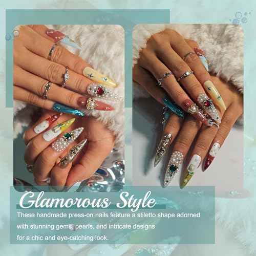 Handmade Press On Nails Stiletto, French Tip Press On Nails Long, Rhinestone Pearl 3D Nails For Women Gift, Reusable Stick On Fake Nails Kit With Nail Glue (Multicolor, M)