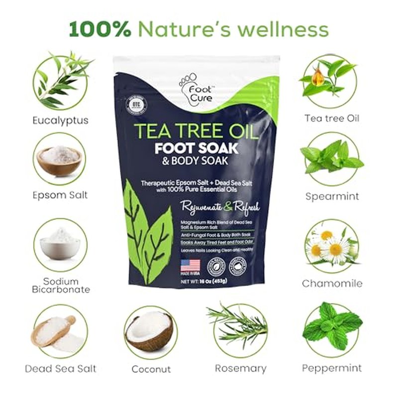 FOOT CURE Tea Tree Oil Foot Soak with Epsom Salts- for Foot Pain, Soreness, Athletes Foot, Odors, Toe Nail Fungus, Fungal, Calluses (Pack of 4)