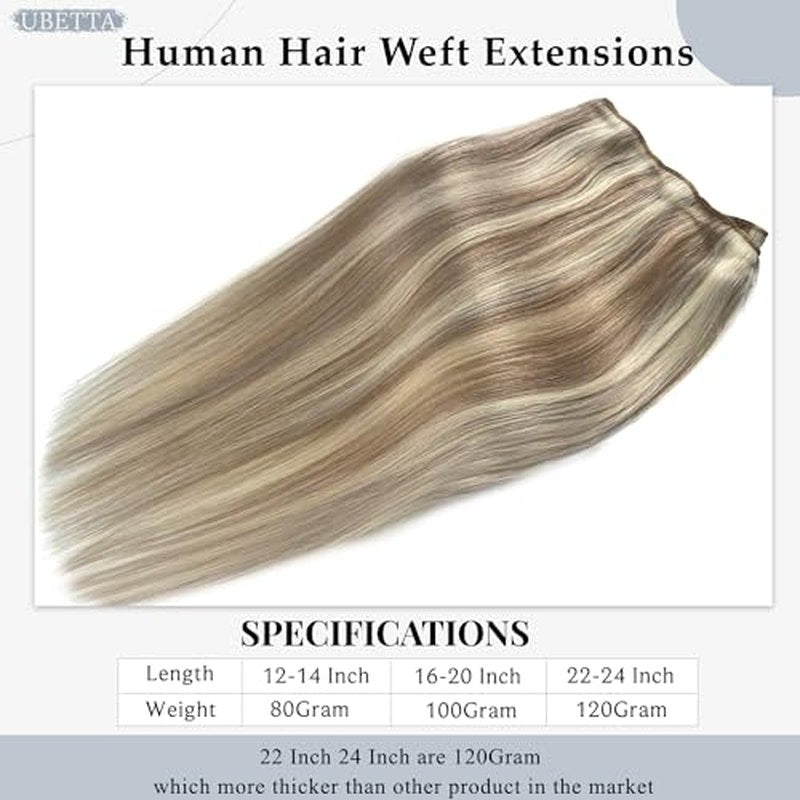 Sew in Hair Extensions Real Human Hair 24 Inch Weft Extensions Real Remy Hair Ash Brown Balayage Platinum Blonde Highlights Weft Full Head Straight Hair Weaves 120G Hair Weft Bundles Straight Hair