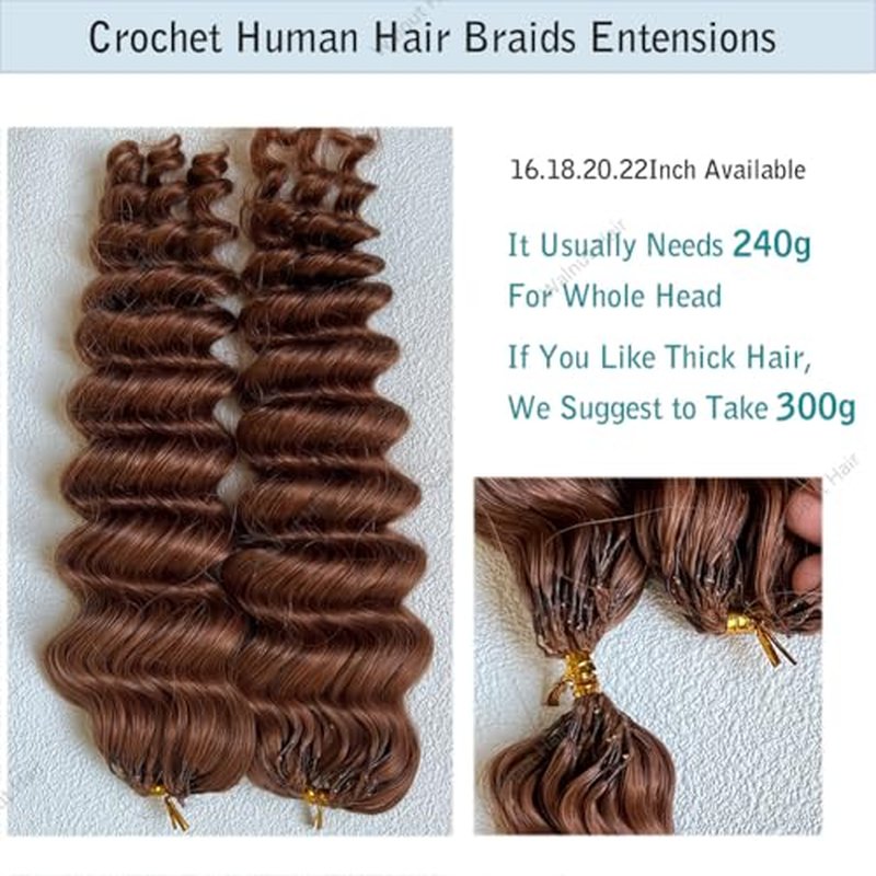 Deep Wave Crochet Human Hair Extensions Brazilian Virgin Feather Human Hair Bundles Pre Separated Braiding Hair Pre Looped for Boho Braids For Black Women Walnut Hair #30 Hair Color 20inch 60g