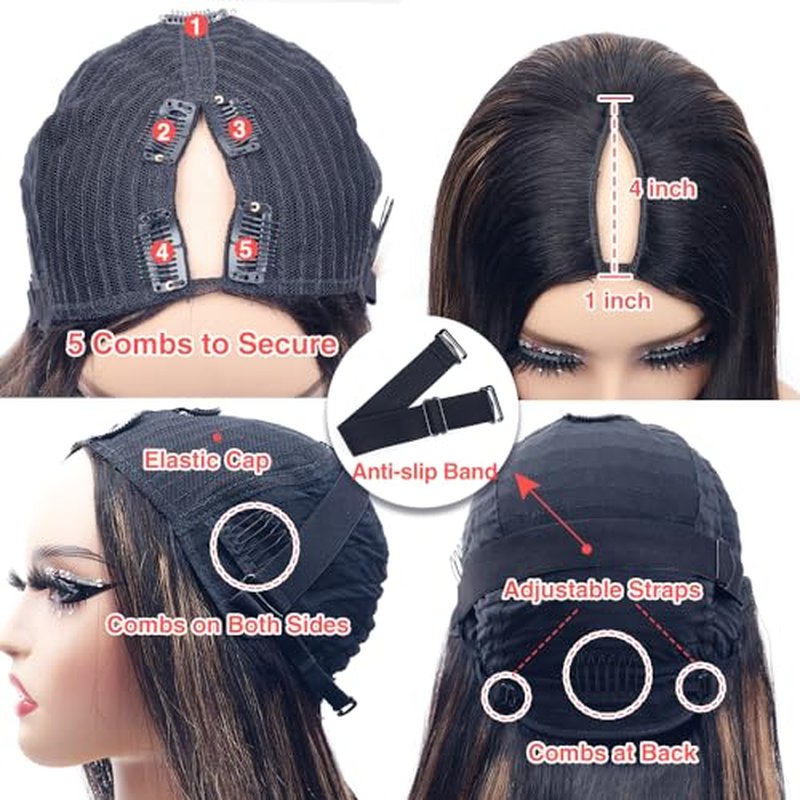 Glueless #FB30 Ombre V Part Wigs Human Hair Balayage Brown Straight Human Hair Wigs for Black Women Highlight Upgrade U Part Wig Full Head Clip In Half Wig No Leave Out 180% Density 20 Inch