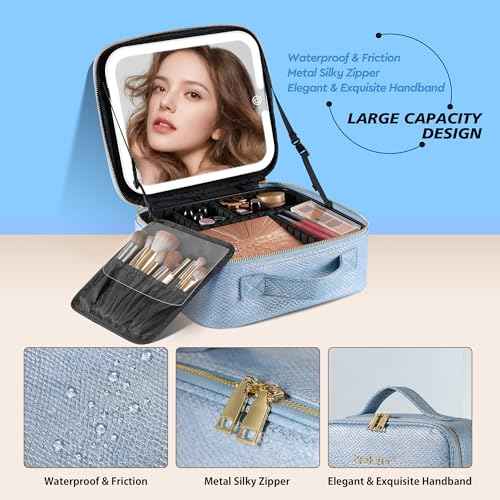 Portable Travel Makeup Bag with Mirror and Light - 3 Colors,Adjustable Brightness Spacious Cosmetic Organizer,Mermaid Shine Blue