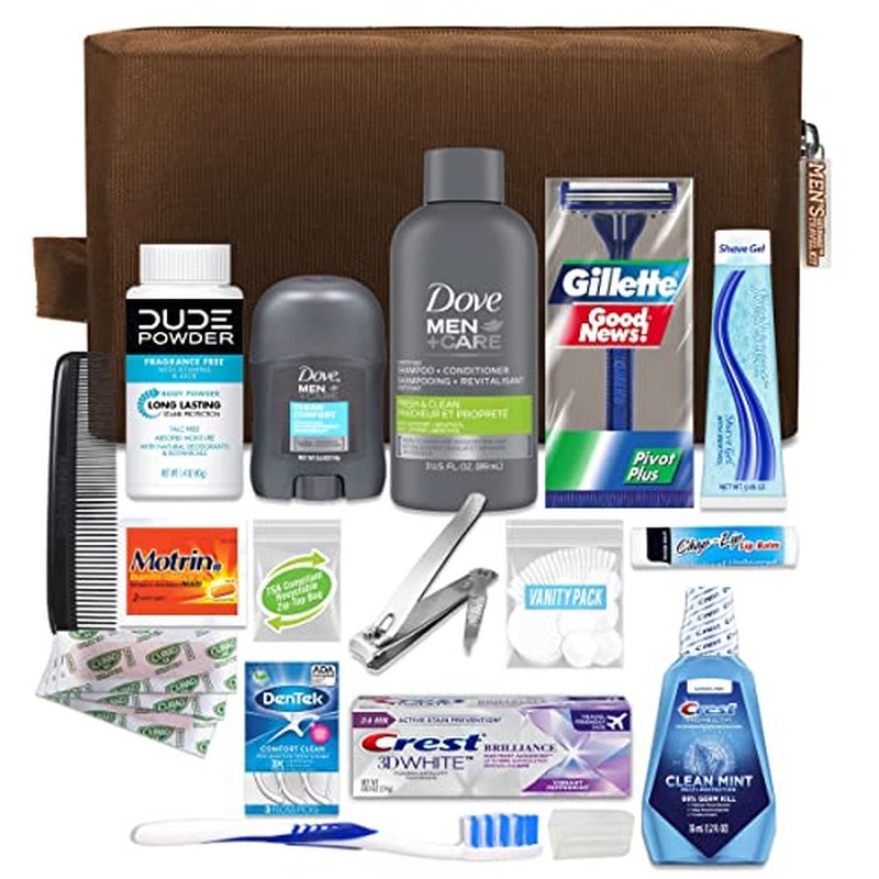 Convenience Kits International Men¡¯s Premium 20-Piece Kit with Travel Size TSA Compliant Essentials, Featuring: Dove Men & Care Products in Brown Dopp Bag