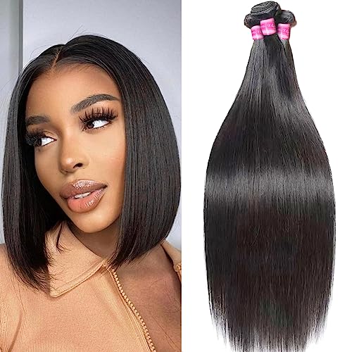 Straight 3 Bundles Human Hair 100% Unprocessed Virgin Brazilian Hair Bundles 10 12 14 Inch Short Raw Weave Bundles Human Hair Natural Black Clolor for Women