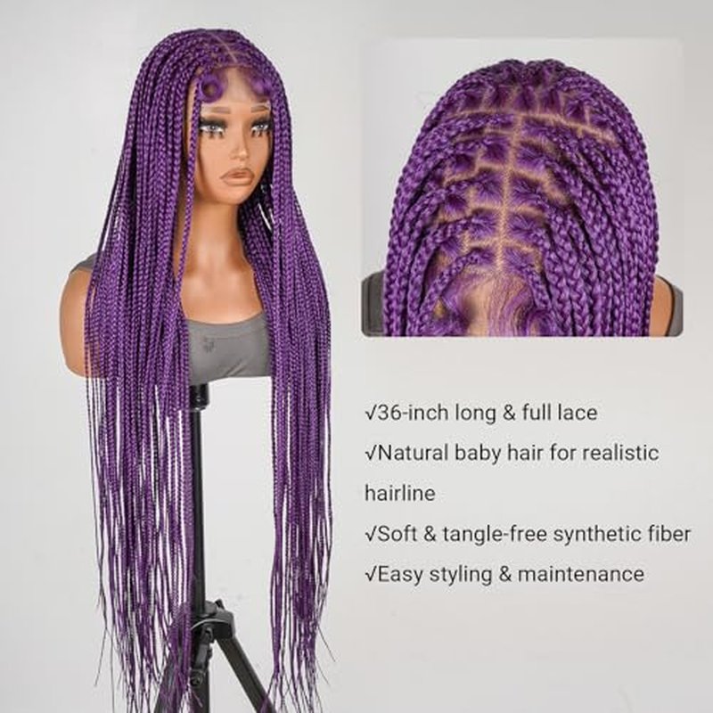 YMSGlRL 36 Inch Purple Knotless Braided Wigs for Women Box Braided Full Lace Premium Synthetic Wig with Baby Hair Long Box Braid Wig with Natural Hairline Look