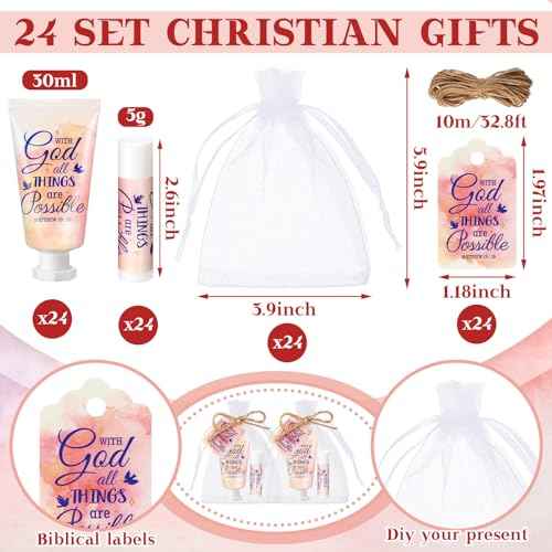 24 Sets Christian Hand Cream and Lip Balm Gift Set Christmas Christian Gift for Women Travel Size Hand Lotion Bible Verse Lip Balm Bulk for Baby Bridal Shower Mom Holiday Gift (Lovely)