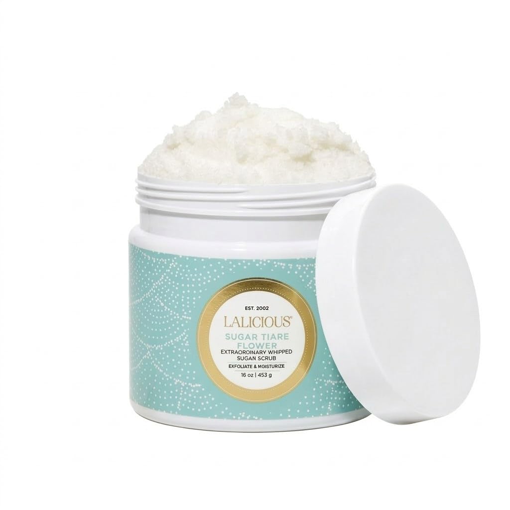 LALICIOUS Sugar Tiare Flower Exfoliating Body Scrub, Moisturizing Whipped Exfoliator, Pre-Shave Scrub for Ingrown Hairs & Razor Bumps, Gently Buffs & Smooths Sensitive Skin | No Parabens | Large 16oz