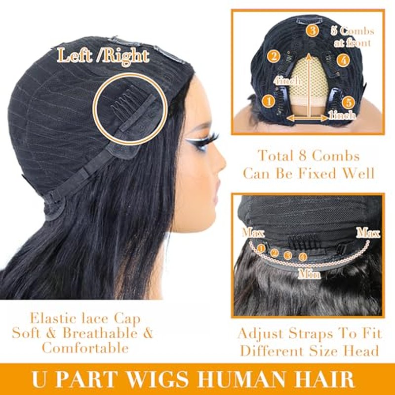 U Part Human Hair Wig Body Wave for Women Brazilian Remy Upart Human Hair Wig Beginner Friendly No Sew in NO Glue 200% Density Natural Color 22Inch
