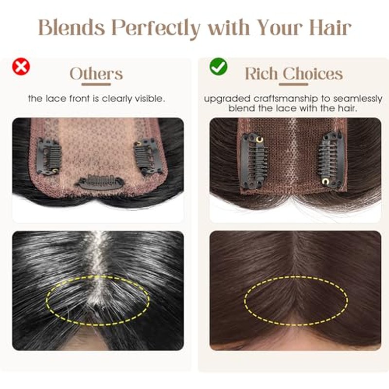 Rich Choices Hair Toppers for Women Real Human Hair 100% Human Remy Toppers for Women with Thinning Clip in NO Bangs Upgrade Extended 2"*6"Lace Base 150% Density 12 Inch #2 Dark Brown