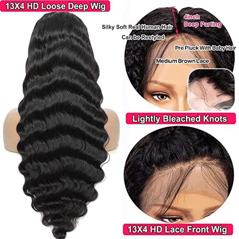 JIETAI 13x4 Loose Deep Wave Curly Lace Front Wig Pre Plucked with Baby Hair 180% Density Curly Human Hair Wigs 10A Wigs for Black Women Glueless Wig (28inch, Natural Color)