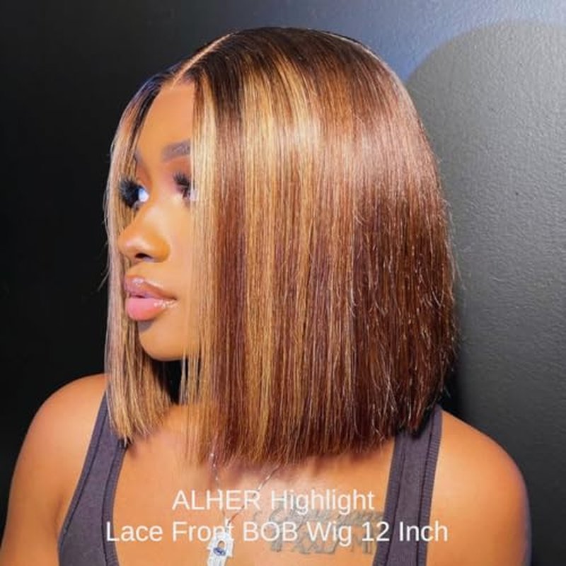 ALHER Short Bob Wig 4/27 Honey Blonde Highlight, 12A Straight Small Cap 13x4 Lace Frontal Wigs Human Hair Pre Plucked With Baby Hair, Small Cap Wig Size 21-21.5 180% Density for Black Women 12 Inch