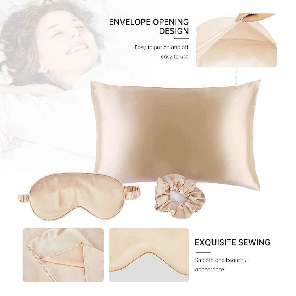 Soft Satin Eye Sleeping Mask and Pillowcase Set Satin Pillowcase and Eye Mask with Scrunchie for Girls (Beige)