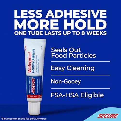 Secure Waterproof Denture Adhesive - Zinc Free - Extra Strong Hold For Upper, Lower or Partials - 1.4 oz