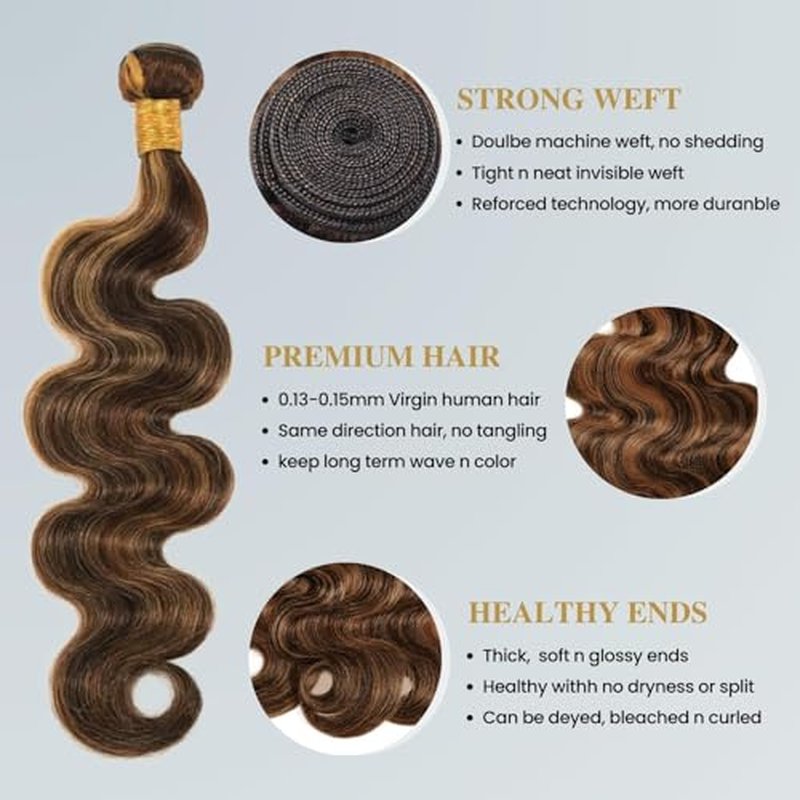 BQRIH 12A Brown Highlight Body Wave Bundles Human Hair 14 16 18 In Brazilian Virgin Wavy Weaves F1B/30 Black and Honey Blonde Ombre 3 Bundles Soft Balayage Colored Human Hair Extensions For Women Remy