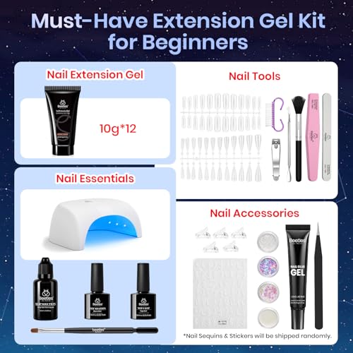 Beetles Poly Nail Gel 12 Colors Starry Party Poly Extension Set With U V Lamp Pink Glitter Builder Nail Extension Enhancement Gel Christmas Manicure DIY Home Salon Gift for Women Girls