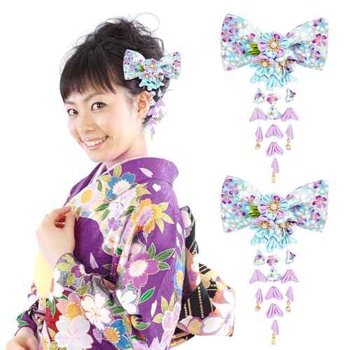 1pcs Japanese Style Hair Clips, Bowknot Tassel Hair Accessories Flower Kimono Traditional Hairpins Barrette Cherry Blossom Hair Clamp Bride Hanfu Accessory for Womens (Blue)