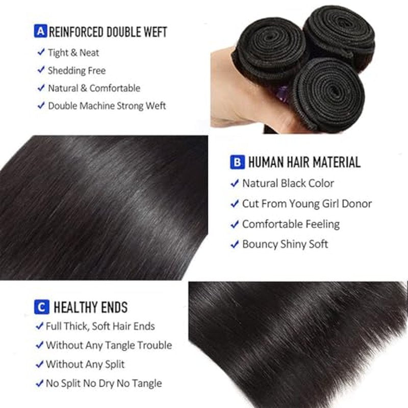 Straight Human Hair Bundles 20 22 24 26 Inch Trippy Hair Quick Weave 3 Bundles Human Hair 100% Unprocessed Raw Brazilian Virgin Hair Extensions for Black Women Natural Color