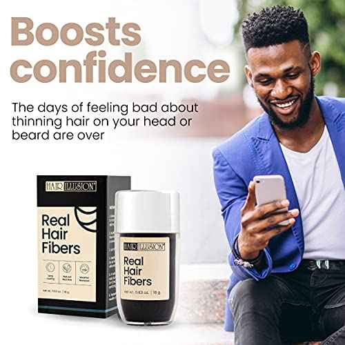Hair Illusion Black Real Hair Fibers for Thinning Hair - 100% Natural Texture, Non Synthetic Hair Fibers - Bald Spot Cover Up for Women & Men - 18 Gram