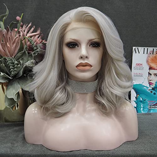 IMSTYLE Silver Grey Lace Front Wigs Short Bob Wavy Gray Wig for Women Drag Queen Cosplay Party (Silver Grey)