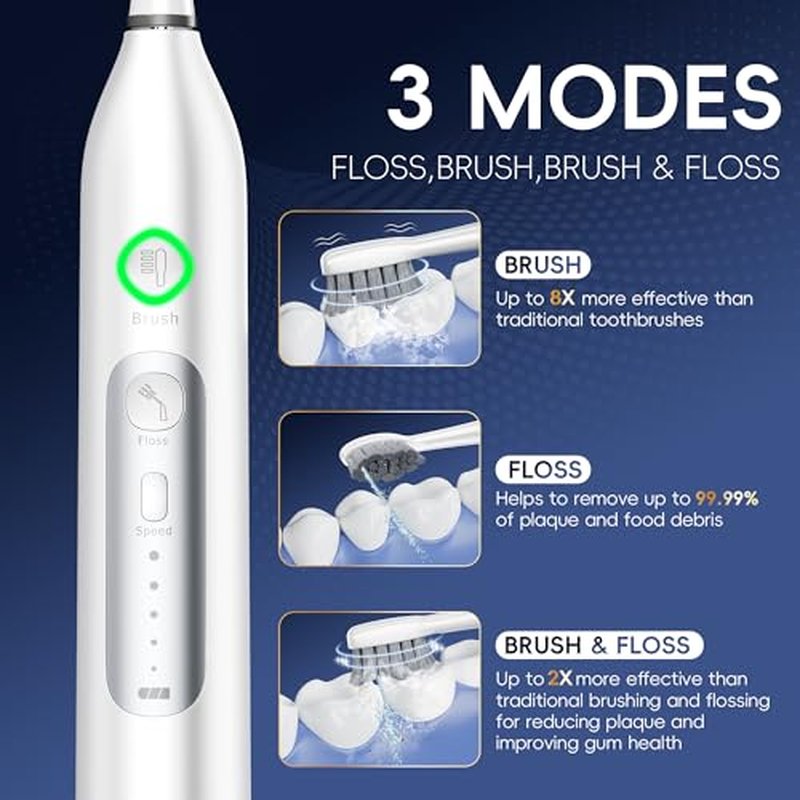 Electric Toothbrush with Water Flosser, All in One Sonic Flossing Toothbrush with 3 Modes & 5 Flossing Speeds & 4 Brush Heads, Rechargeable & Portable for Adult Teeth Cleaning
