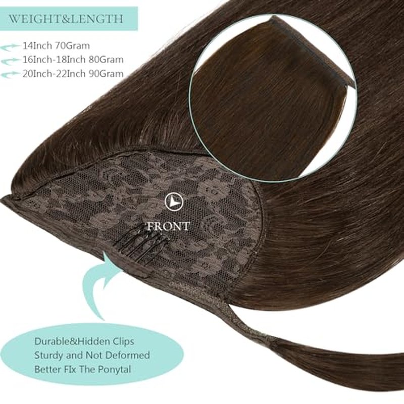 Dark Brown Human Hair Ponytail Extension Silky Long Ponytail Extension Straight #2A New Light Brown 22 Inch 90g Wrap Around Pony tails Extensions Human Hair with Magic Paste