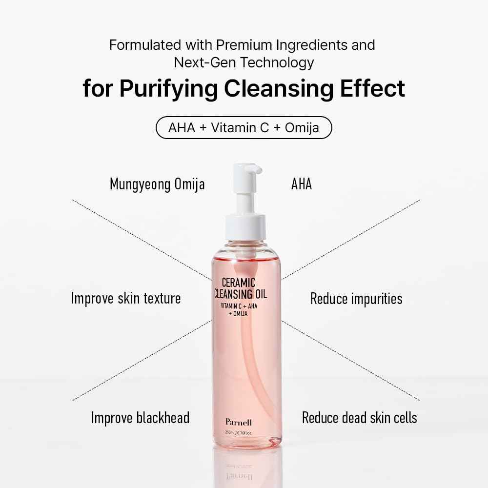 Parnell AHA Omija Ceramic Cleansing Oil 6.76 fl oz | Pore Purifying Sebum Control Deep Cleanser | AHA LHA PHA Omija | Non-Drying Korean Skincare (200ml)