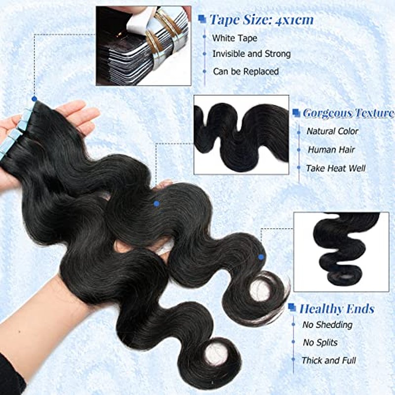 Long Curly Tape in Hair Extensions Natural Color 22 Inch Body Wave Tape in Human Hair Extensions 40PCS 100G Thick and Full Invisible Tape ins Body Wave Real Remy Human Hair Pieces Black